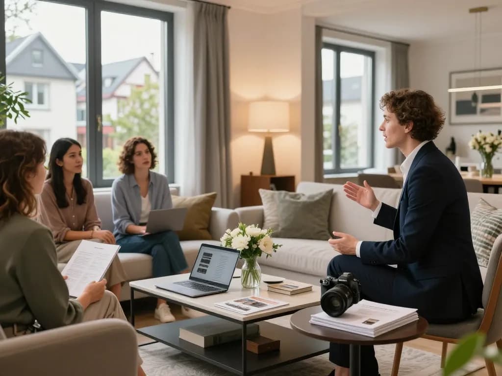 Immobilienmakler Frankfurt Dornbusch präsentiert ein eingerichtetes Wohnzimmer potenziellen Käufern und betont den urbanen Charme sowie den professionellen Immobilienservice.