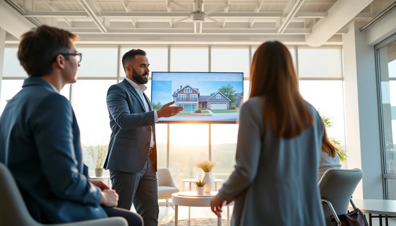 Immobilienmakler Frankfurt Riedberg beraten professionelle Kunden in einem modernen Büro.