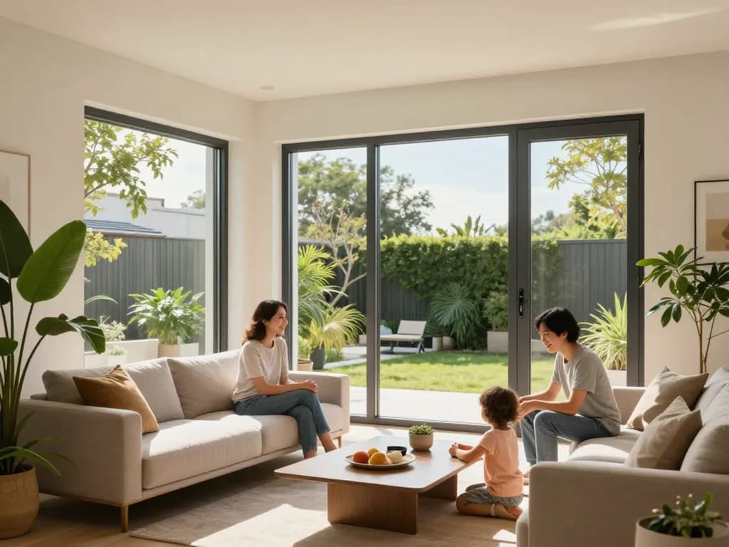 Stilvolles Wohnzimmer mit Fenster Schüco Fenstern, die Energieeffizienz und modernes Design präsentieren.