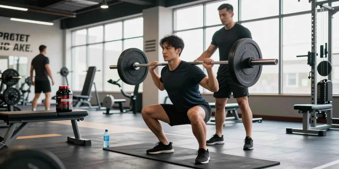 Engagierter Sportler im Astera Shop Fitnessstudio bei der Ausführung eines Kniebeugens mit Gewichten.