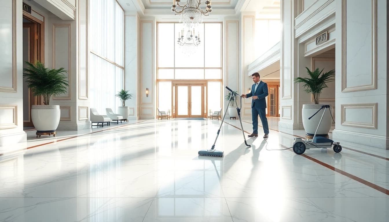 Effiziente hotelreinigung in einem eleganten Hotel-Lobby mit einem aufgeräumten Ambiente.