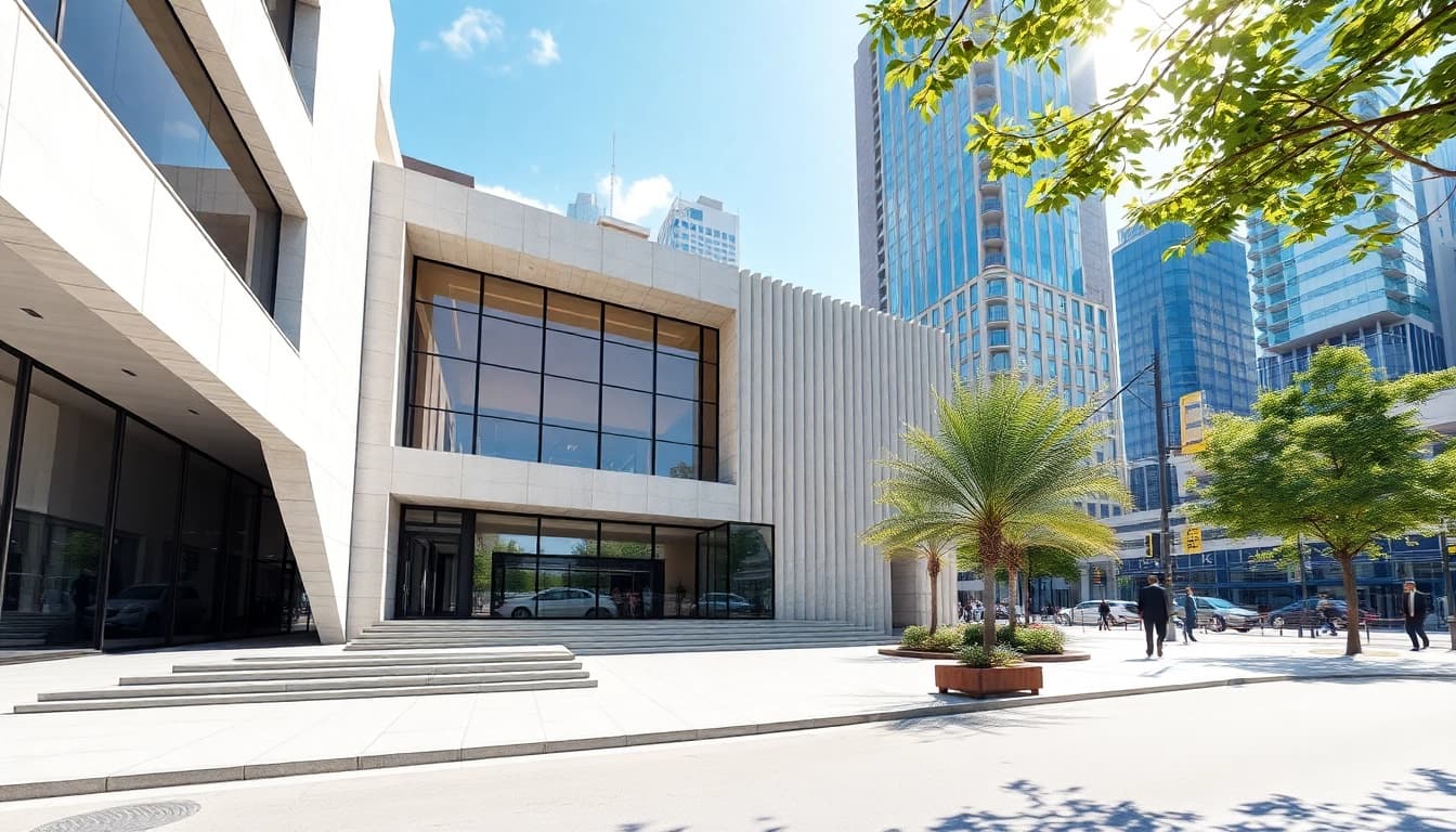 Architekturvisualisierung eines modernen Gebäudes in urbanem Umfeld mit natürlichen Lichtakzenten.
