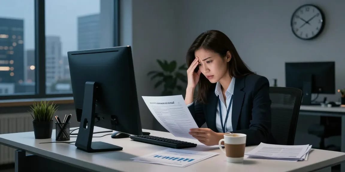 Stress mit Chef: Professionelle Frau zeigt Anspannung am Schreibtisch mit Berichten und Computer in modernem Büro.