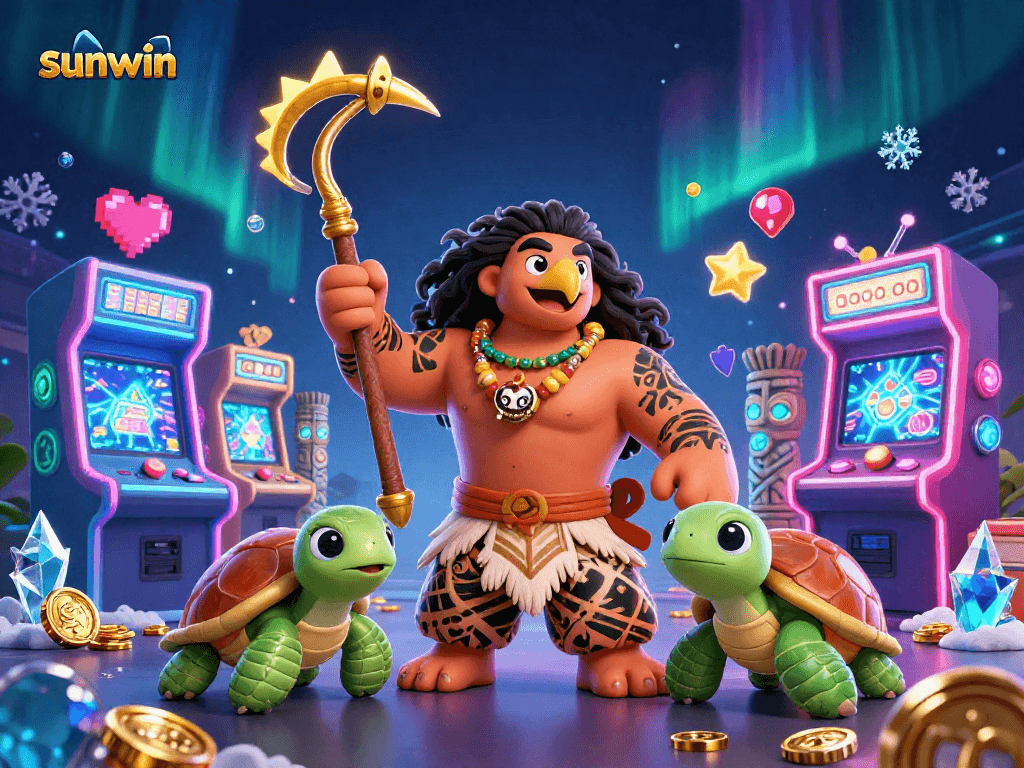 Win big at sunwin with a vibrant 3D gaming illustration showcasing playful characters and dazzling gems.