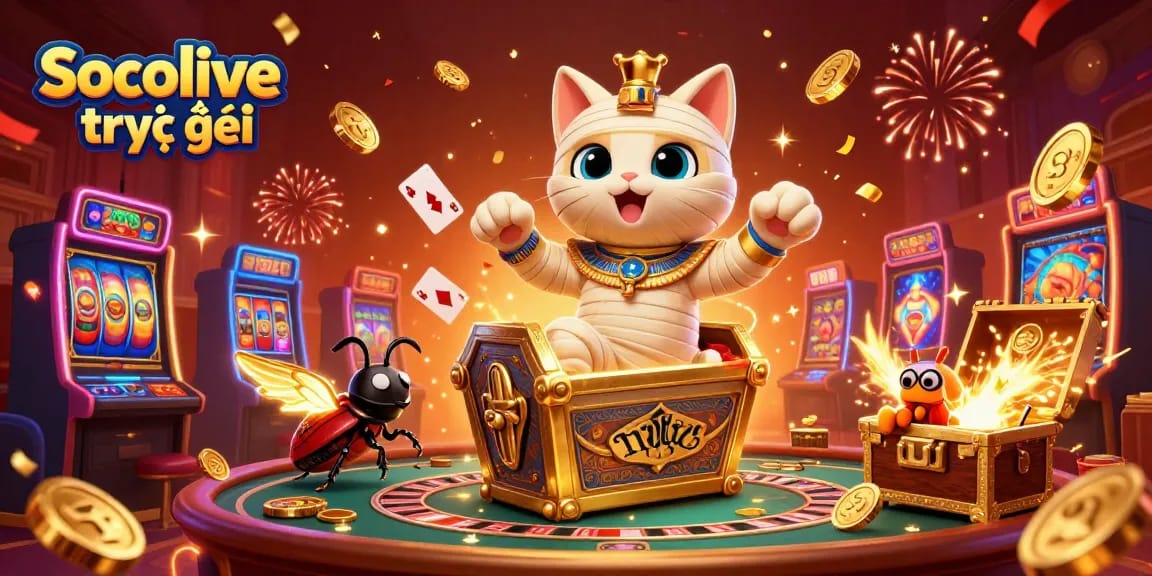 Socolive trực tiếp offers exciting online gambling experiences with vibrant 3D illustrations of card games and slot machines.