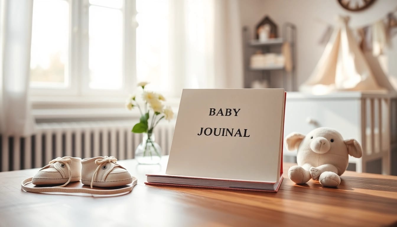 Baby-Tagebuch mit liebevollem Design auf einem Tisch in einem gemütlichen Kinderzimmer