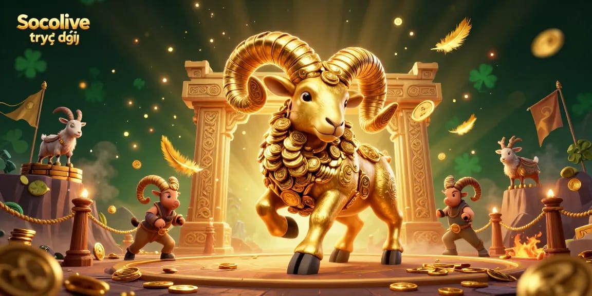 Engage in Socolive trực tiếp as the golden ram charges through a vibrant gaming arena.