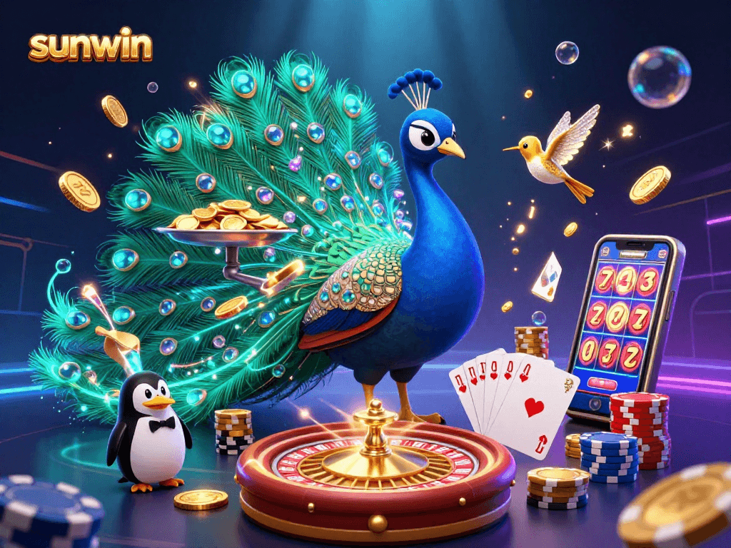 Engage with sunwin as the peacock displays its feathers in a vibrant casino scene filled with golden chips and glowing coins.