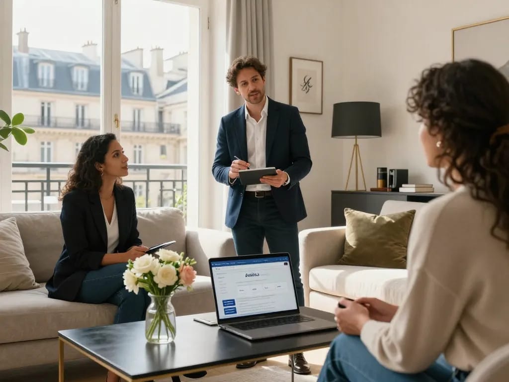 Airbnb management in Paris, dynamic scene with property manager consulting homeowner in stylish apartment