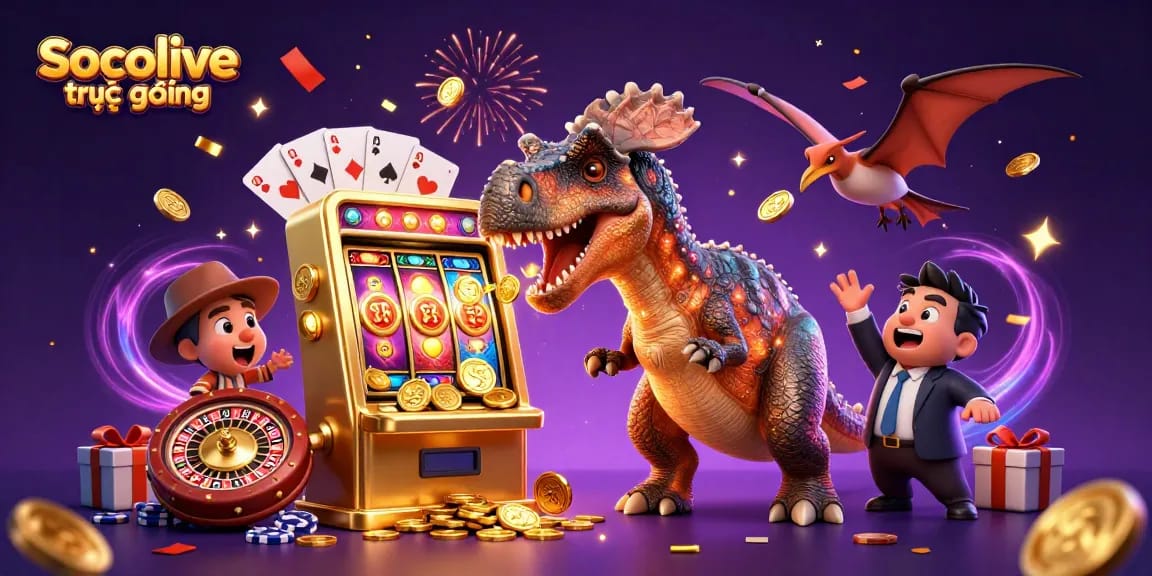 Socolive trực tiếp showcases a vibrant 3D scene with a pachycephalosaurus celebrating a jackpot, highlighting casino excitement.