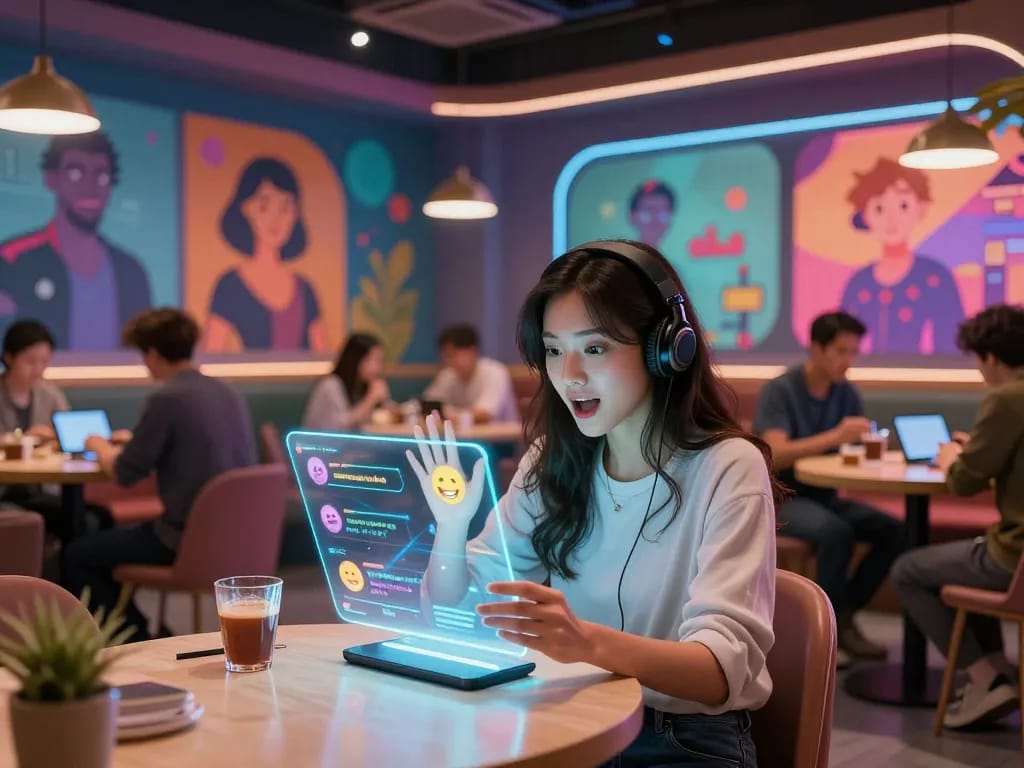 Character AI NSFW interaction in a vibrant virtual café setting with engaging animated avatars.
