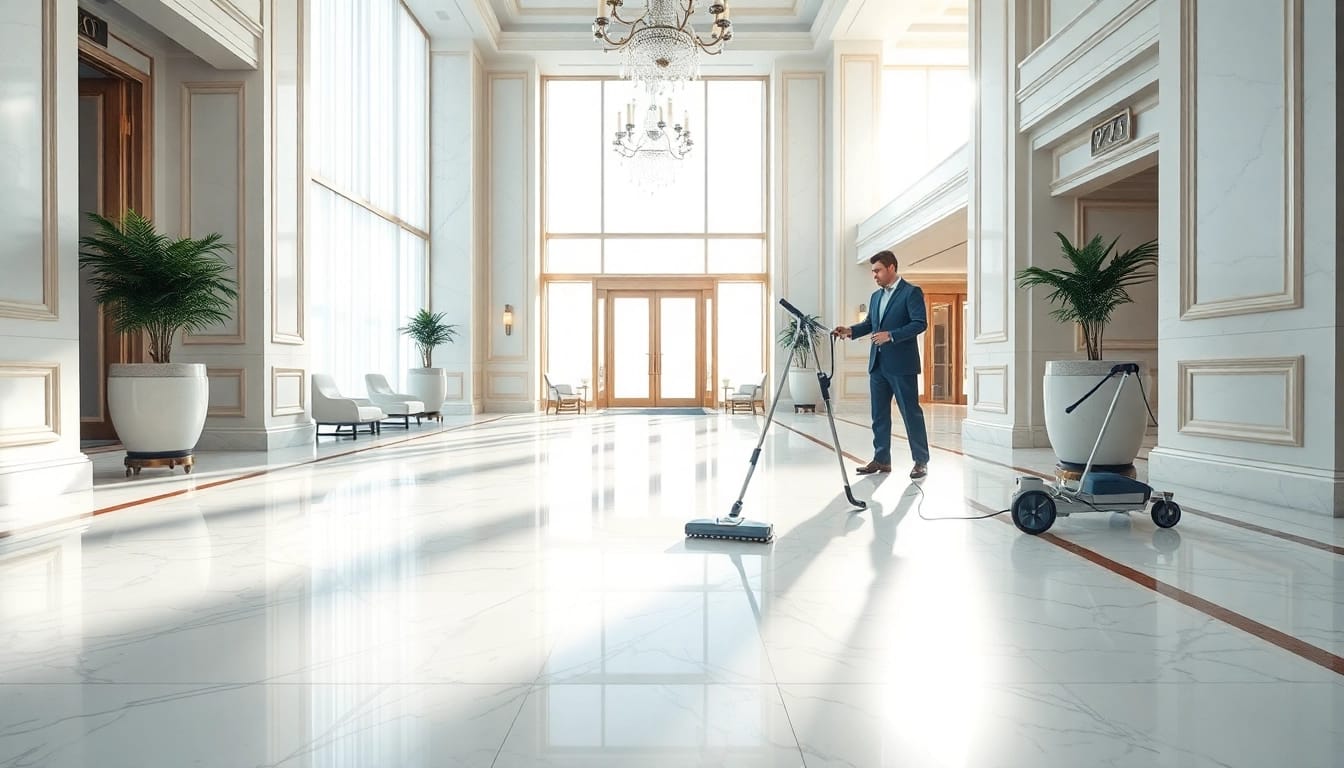 Effiziente hotelreinigung in einem eleganten Hotel-Lobby mit einem aufgeräumten Ambiente.