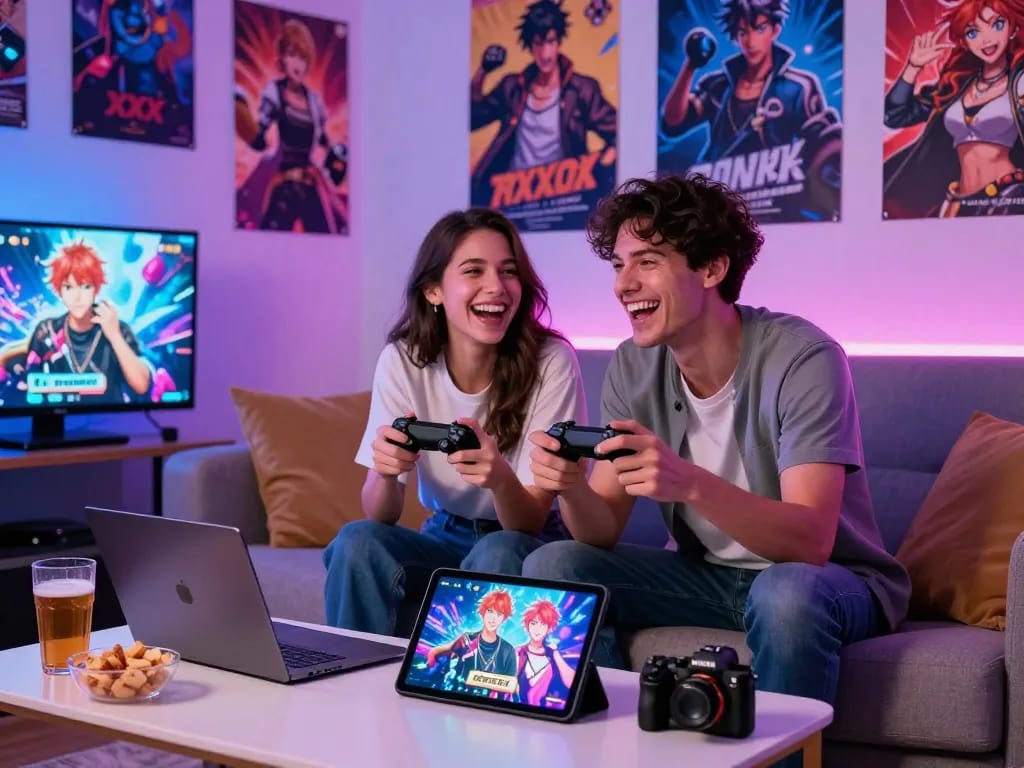 Engaging couple playing sexgames together on a cozy couch with vibrant lighting.