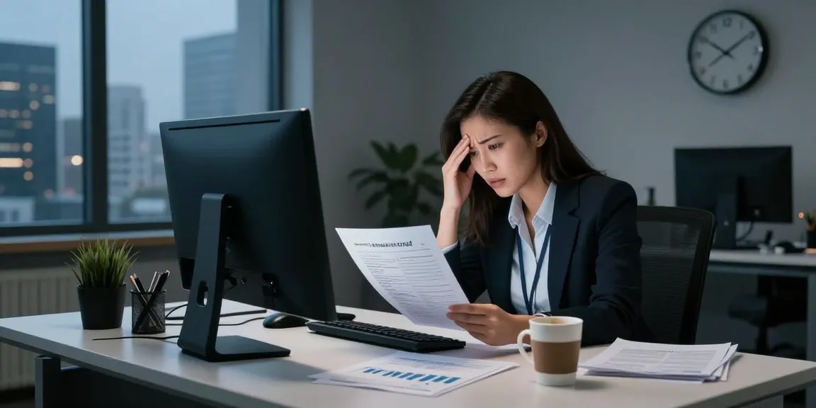 Stress mit Chef: Professionelle Frau zeigt Anspannung am Schreibtisch mit Berichten und Computer in modernem Büro.