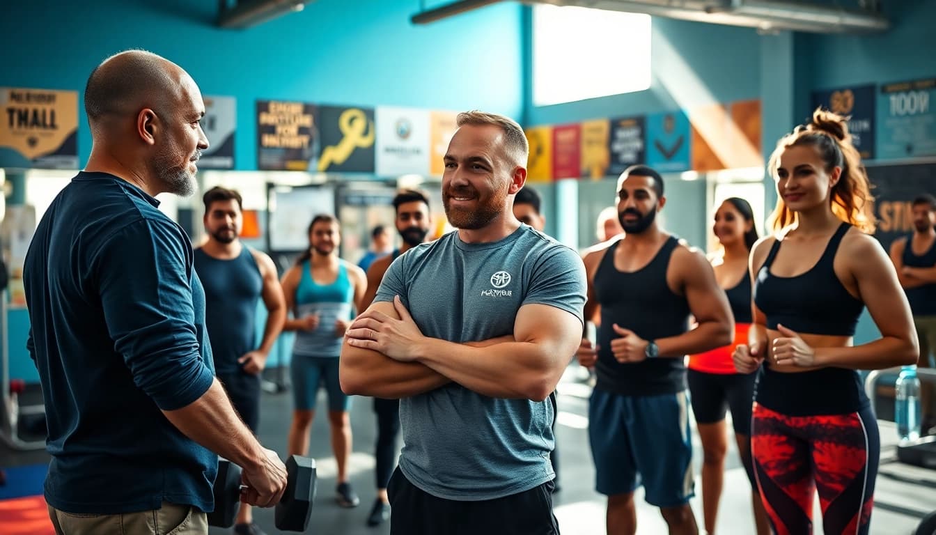 Veranschaulichen Sie testo vorher nachher Transformationen in einem inspirierenden Fitnessstudio mit einem Trainer und Teilnehmern.