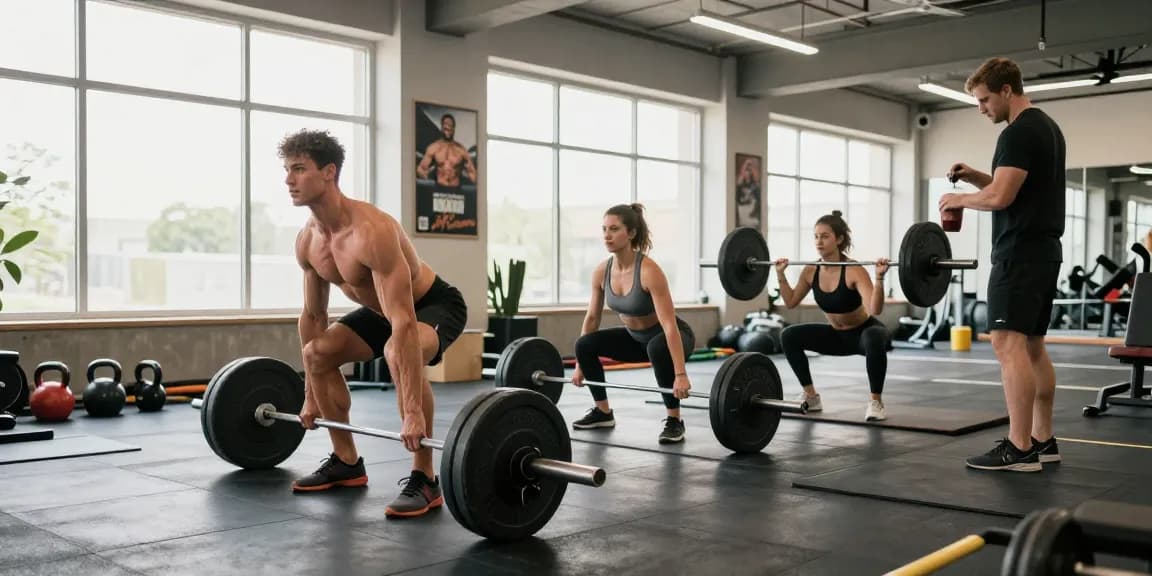 Anabolika Shop: Bodybuilder beim Training mit Gewichten in modernem Fitnessstudio, motivierende Atmosphäre, Energie und Engagement.