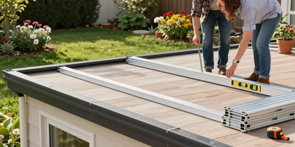 Freistehende Terrassenüberdachung in einem Garten, während ein Paar plant und misst.