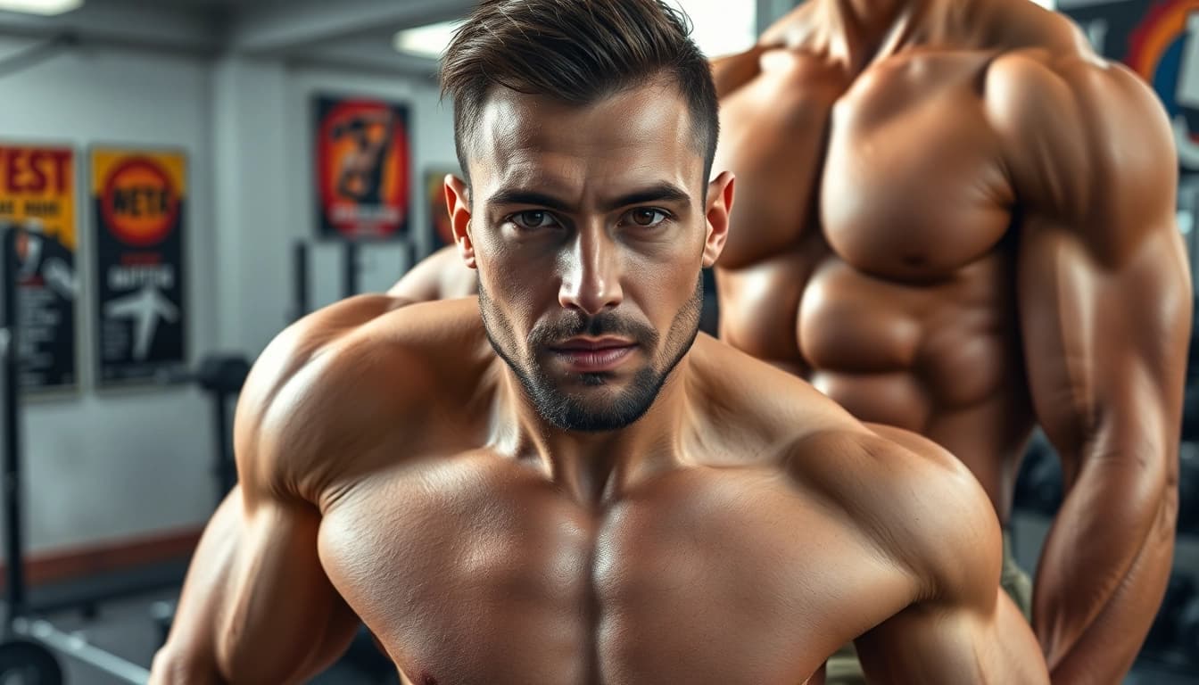 Veranschaulichung von testo vorher nachher für Fitnessveränderung eines Athleten im Fitnessstudio.