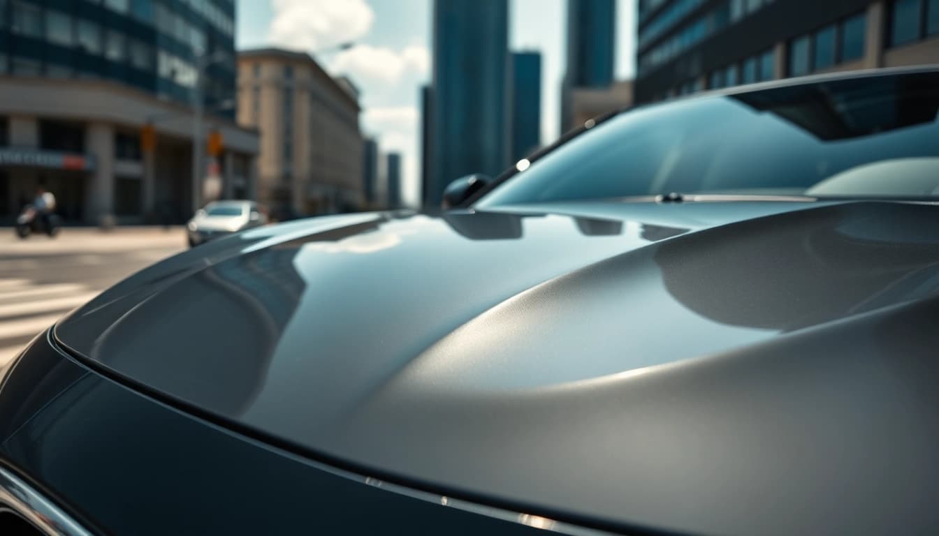 Schutz der Frontschutzfolie gegen Steinschläge auf einem glänzenden Auto in urbaner Umgebung