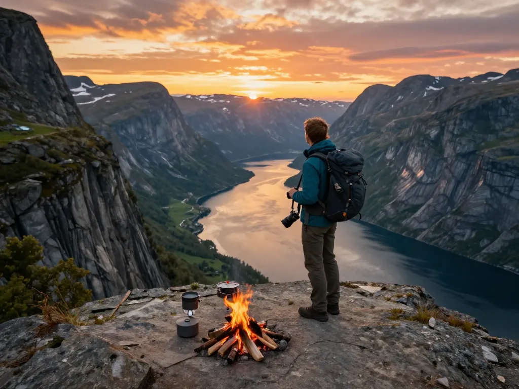 Urlauber erleben ihren Urlaub in Skandinavien und stehen auf einer Klippe mit Blick auf die atemberaubenden norwegischen Fjorde bei Sonnenuntergang.
