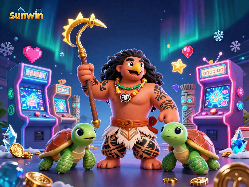 Win big at sunwin with a vibrant 3D gaming illustration showcasing playful characters and dazzling gems.