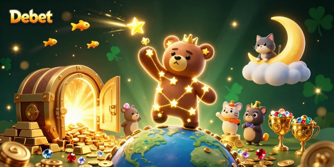 Debet offers dynamic casino experiences with a vibrant scene of golden treasures and whimsical stars.