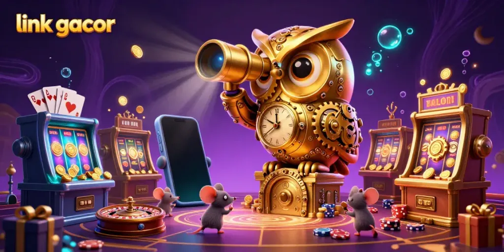 Experience excitement with link gacor in this vibrant 3D casino scene featuring a golden owl and playful mouse patrons.
