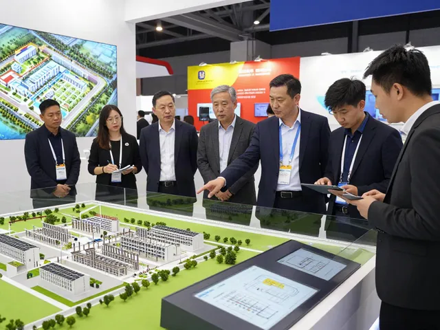Interaktive Modelle eines Umspannwerks präsentiert auf einer Messe mit Architekten und Interessierten.