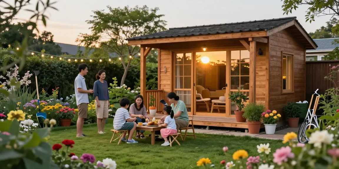 Gemütliches Gartenhaus im Freien mit blühenden Pflanzen und einer Familie bei der vorbereitenden Arbeit an der Terrasse - Gartenhäuser von McGarden24