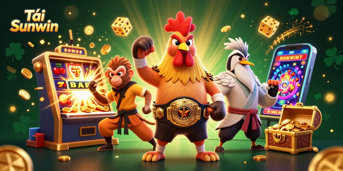 Tải Sunwin features a dynamic cartoon scene with a Muay Thai rooster and Shaolin monkey amidst a slot machine explosion, highlighting exciting gaming action.