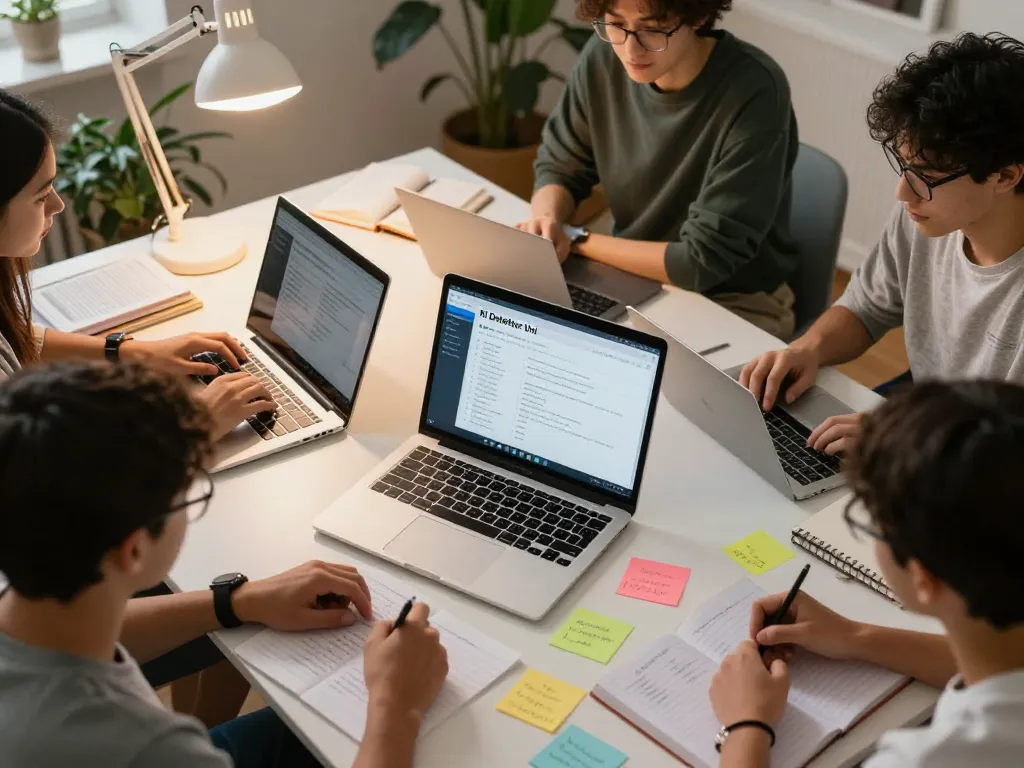 Using the KI Detektor Uni, students analyze text for AI detection in a collaborative study space.