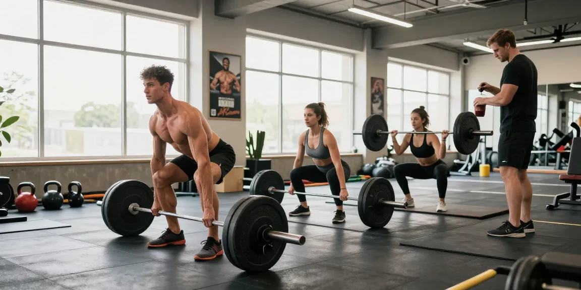 Anabolika Shop: Bodybuilder beim Training mit Gewichten in modernem Fitnessstudio, motivierende Atmosphäre, Energie und Engagement.