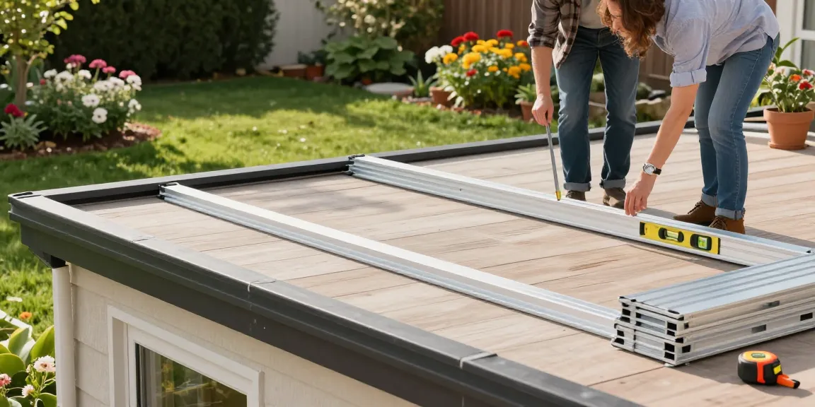Freistehende Terrassenüberdachung in einem Garten, während ein Paar plant und misst.
