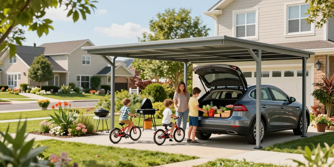 Moderne Carport-Szene mit Familie, die Autos entlädt, während Kinder mit Fahrrädern spielen.