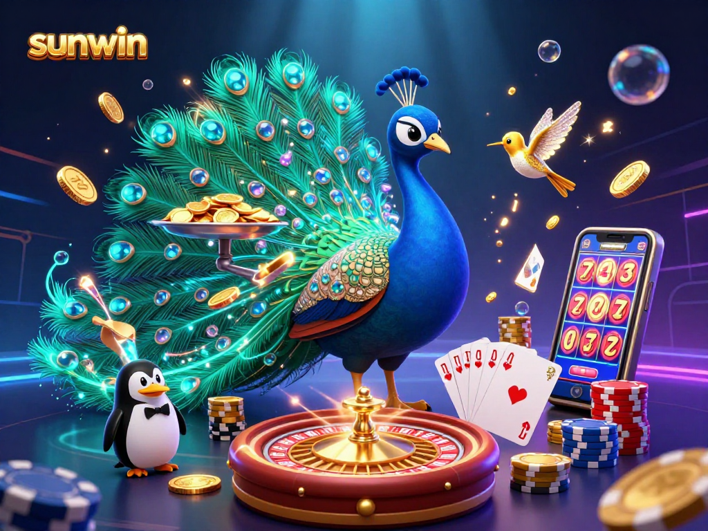 Engage with sunwin as the peacock displays its feathers in a vibrant casino scene filled with golden chips and glowing coins.