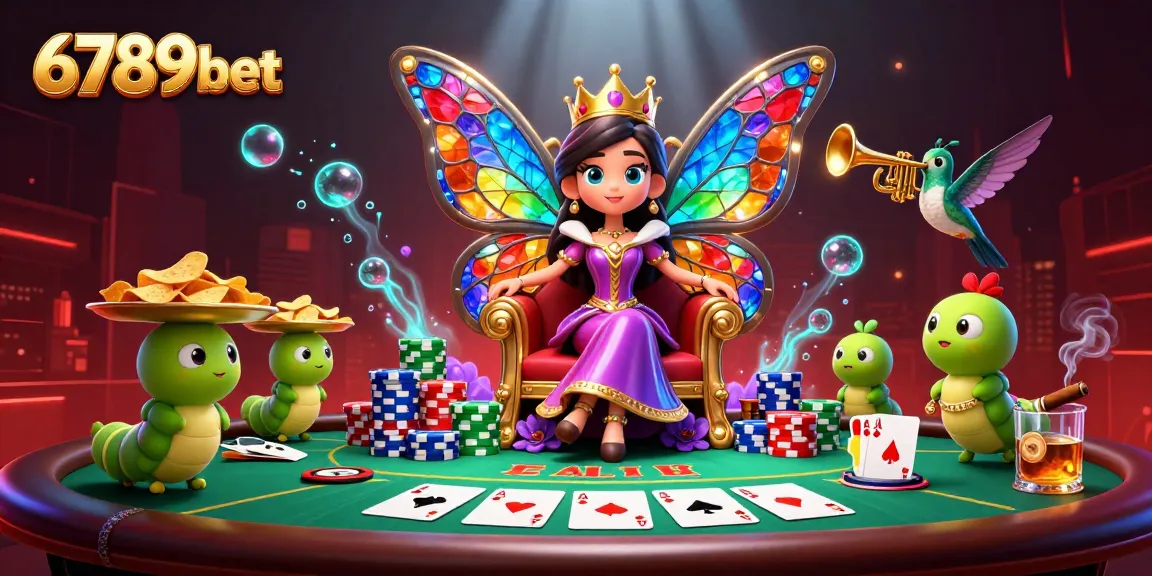 Engage with 6789bet players as a vibrant butterfly queen presides over a lively poker scene.