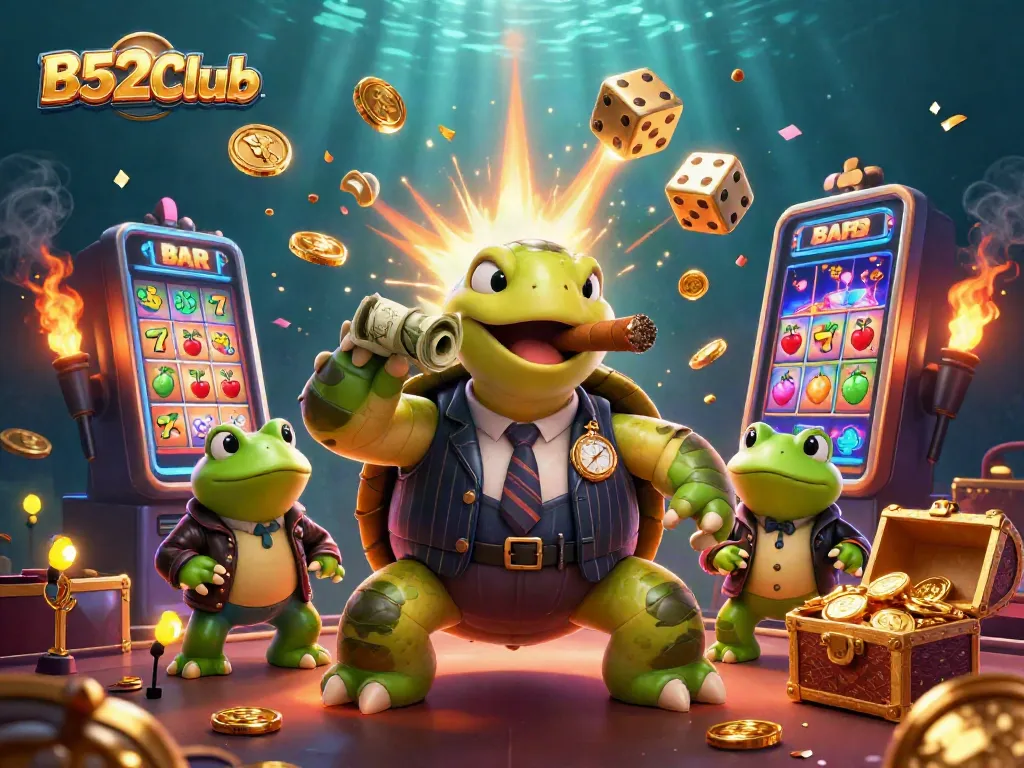 B52Club slot machine scene with a snapping turtle in a mobster suit and bullfrog enforcers celebrating a jackpot win