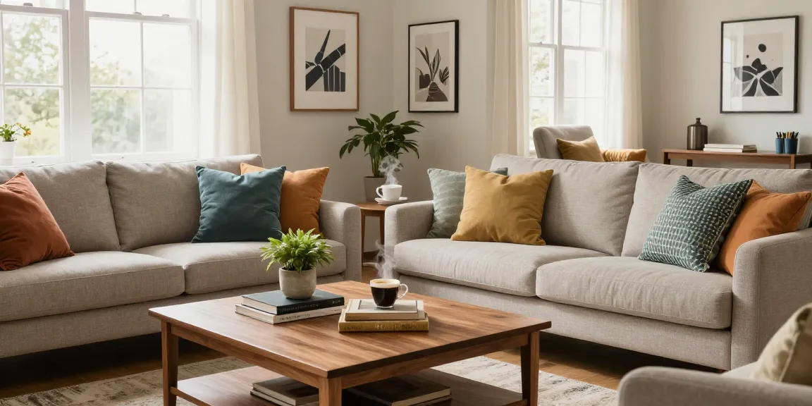 Modernes Wohnzimmer mit stilvollen Möbeln für Möbel kaufen, helles Tageslicht und gemütliche Dekorationselemente.
