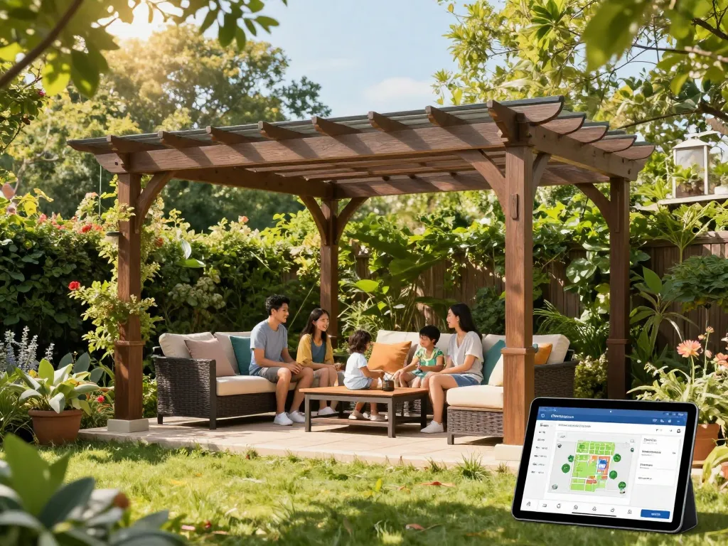 3D-Pergola-Szene, die eine Familie zeigt, die das Leben auf der Terrasse genießt, und das innovative Erlebnis des Pergola 3D-Konfigurators veranschaulicht.