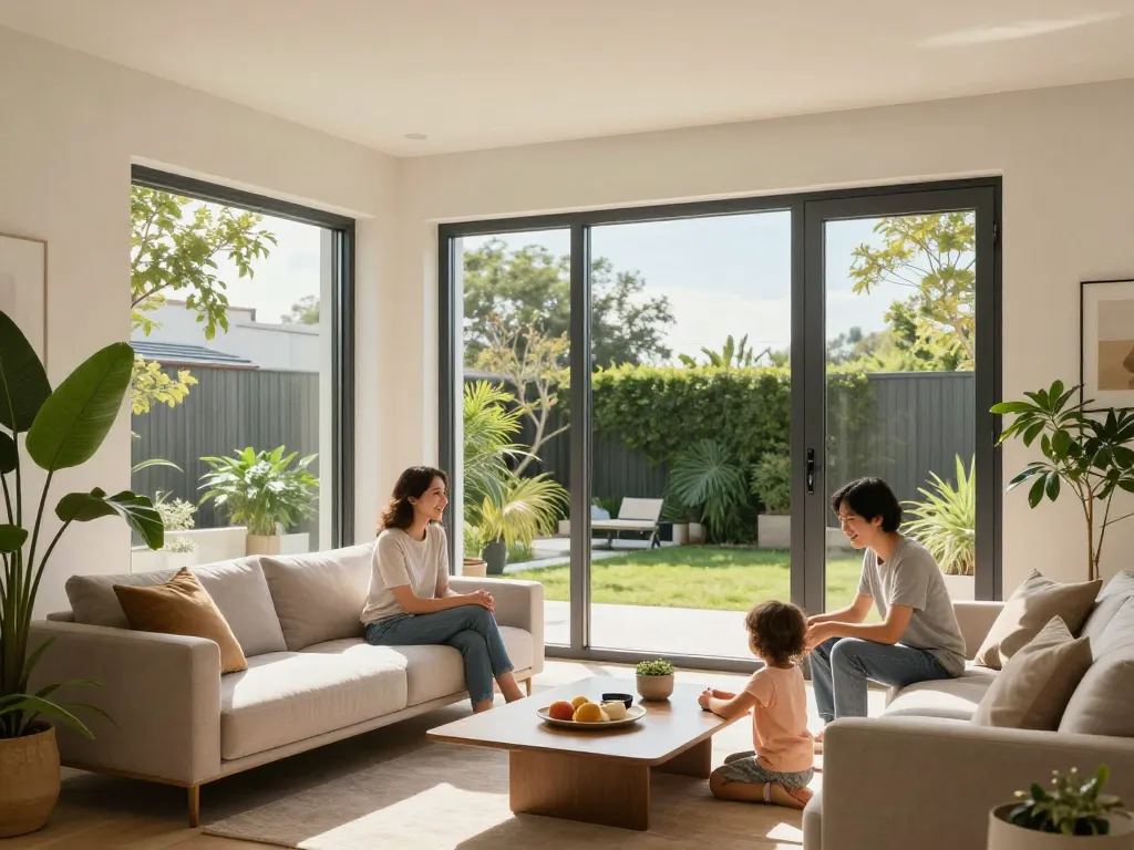 Stilvolles Wohnzimmer mit Fenster Schüco Fenstern, die Energieeffizienz und modernes Design präsentieren.