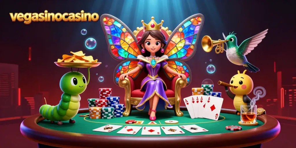 Engage with the lively atmosphere at vegasinocasino featuring a butterfly queen amidst vibrant poker action.