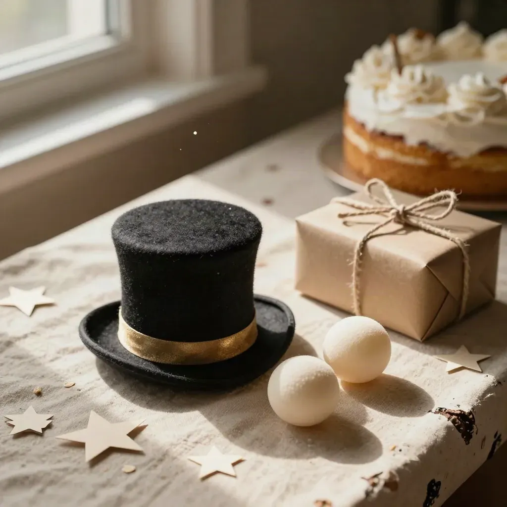 Kindergeburtstag-Set mit Zauberhut, Schaumstoffbällen und Geschenkbox auf hellem Leinen