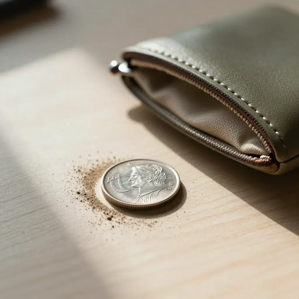 Silbermünze neben leerem Staubkreis und halb geöffneter Münztasche im Sonnenlicht.