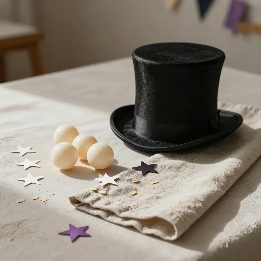 Kleines Partytrick-Set mit Zylinder, Schaumstoffbällen und Papiersternen auf Leinentuch.