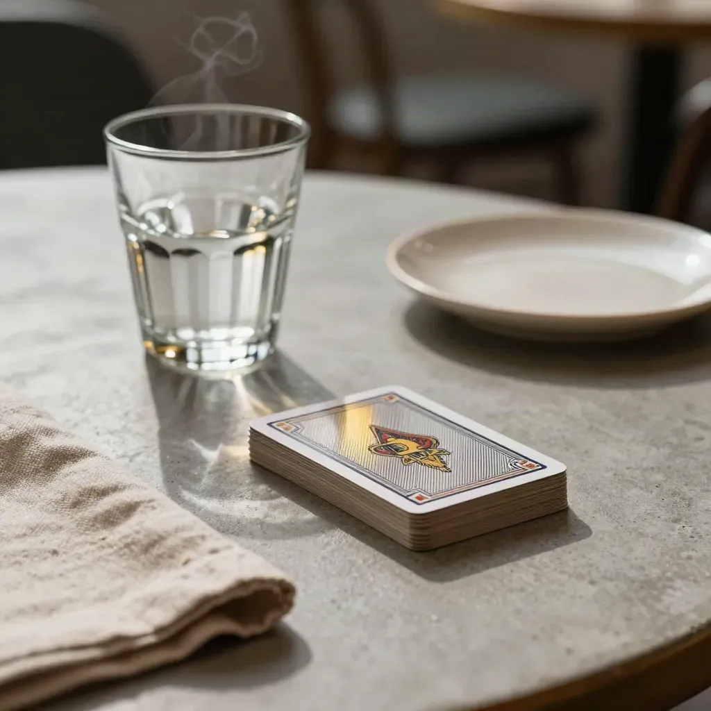 Kartenkunst am Café-Tisch mit Glas, Serviette, Platte und feinem Dampf.