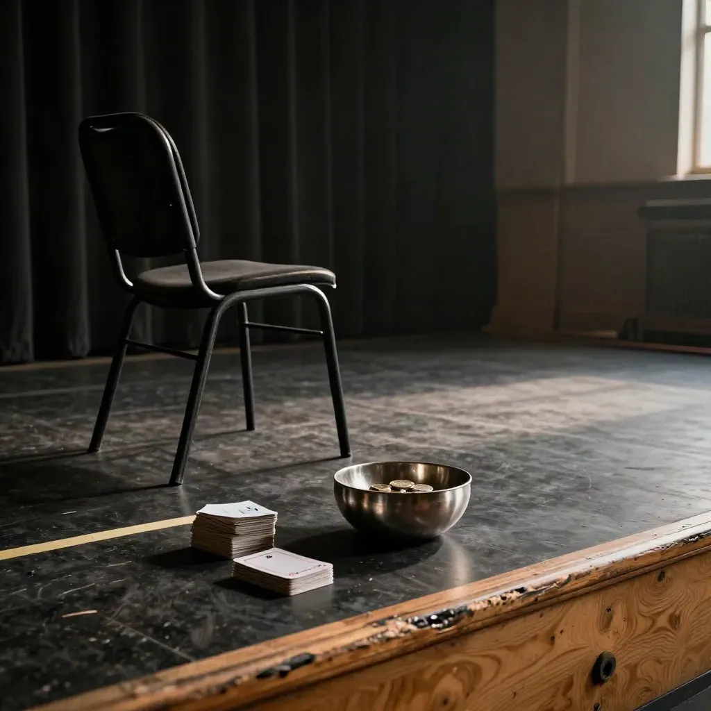 Ruhige Backstage-Ecke mit Stuhl, Kartenstapel, Münzschale und Markierungsband auf dunklem Boden.
