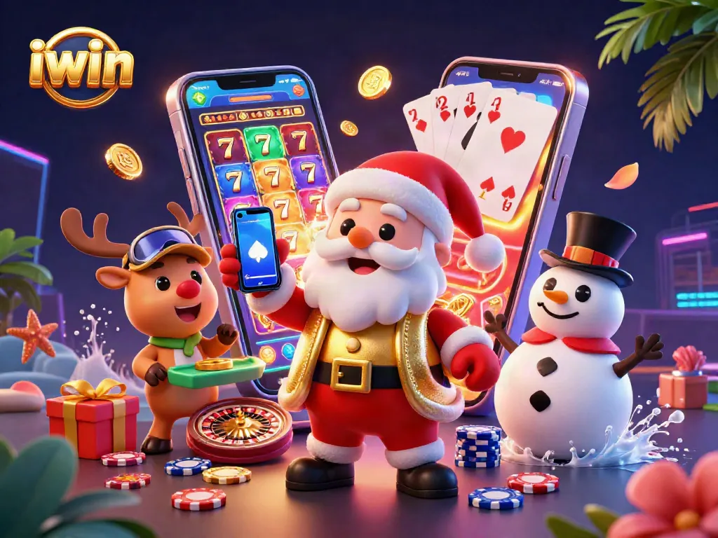 Win big with iwin in this vibrant casino-themed 3D illustration featuring Santa and friends.