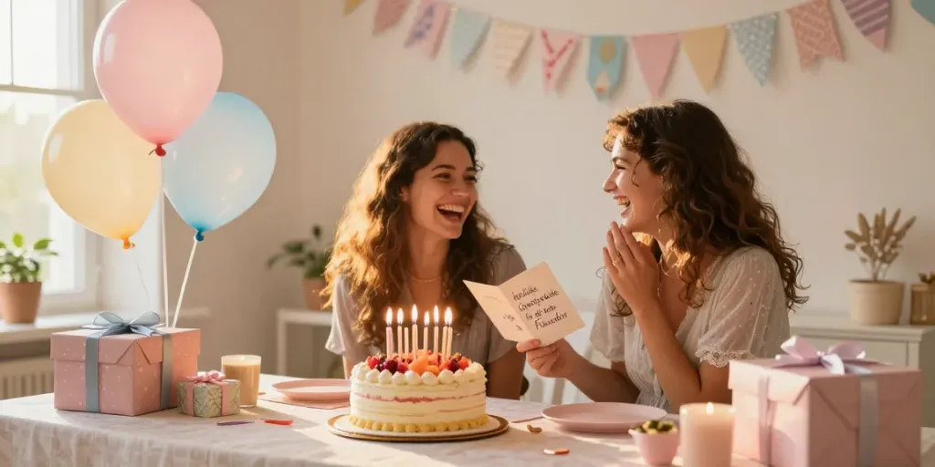 Hartelijke verjaardagswensen voor de beste vriendin, feestelijk tafereel met een verjaardagstaart, ballonnen en gelach van vrienden.