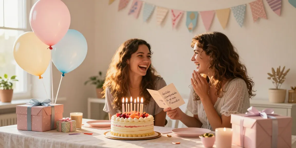 Hartelijke verjaardagswensen voor de beste vriendin, feestelijk tafereel met een verjaardagstaart, ballonnen en gelach van vrienden.