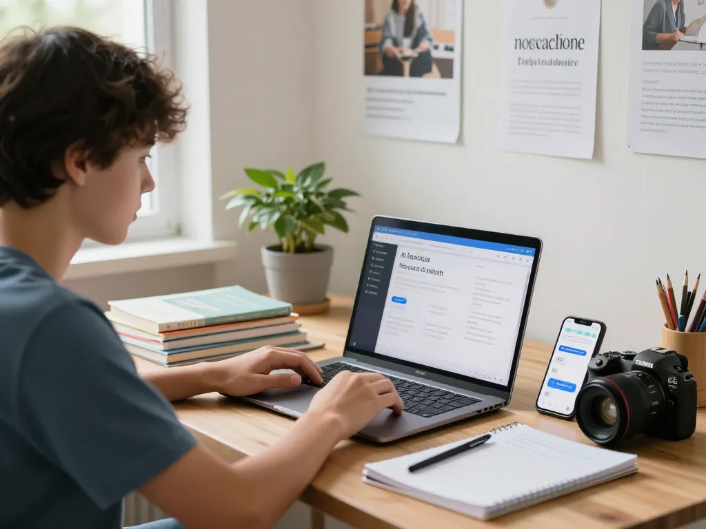 Student, der Hausaufgaben KI auf einem Laptop in einem hellen Lernzimmer verwendet, umgeben von Lernmaterialien.